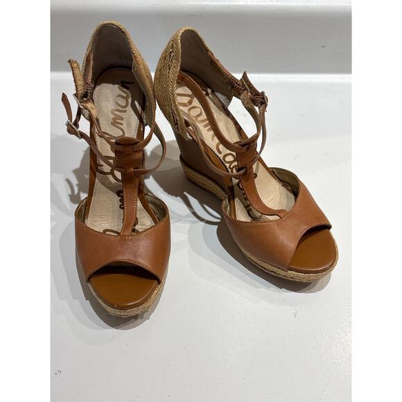 SAM EDELMAN Leather Jute Katrina Peep Toe T Strap Wedge Platform Sandals 8.5 - Picture 2 of 8